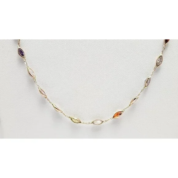 Unique 14K Solid Yellow Gold Multi Colored Gemstone Link Chain Necklace - 24" L